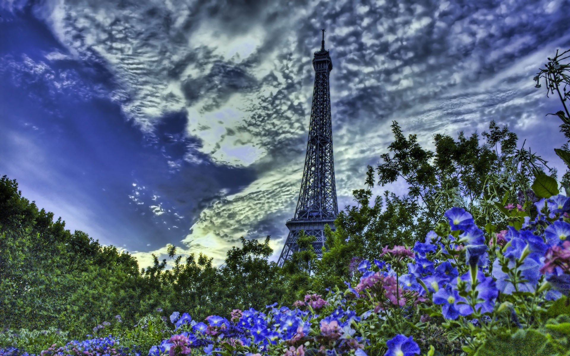 A view of the Eiffel Tower rising above a vibrant bed of flowers, set against a dramatic sky filled with clouds. The scene captures the beauty of this iconic man-made structure.