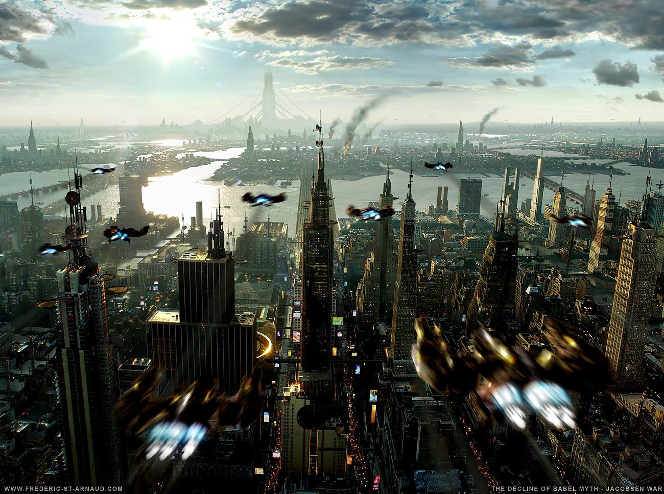 Sprawling sci-fi city skyline at golden hour: towering spires, river and bridges, with dozens of hovering craft weaving among futuristic skyscrapers beneath dramatic clouds.