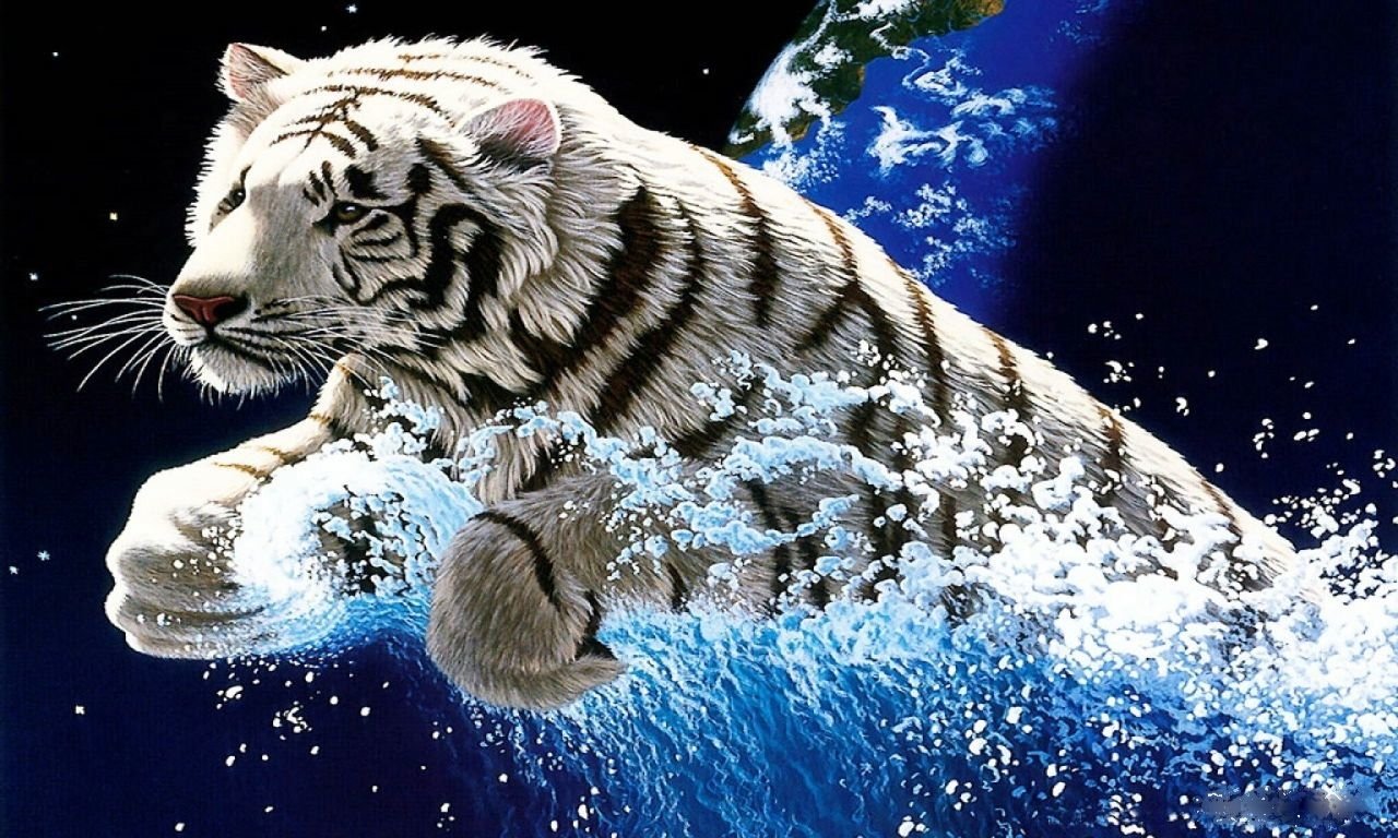 A striking white tiger leaps through vibrant blue water, showcasing its powerful form against a dark background, creating a dynamic and captivating scene of nature.