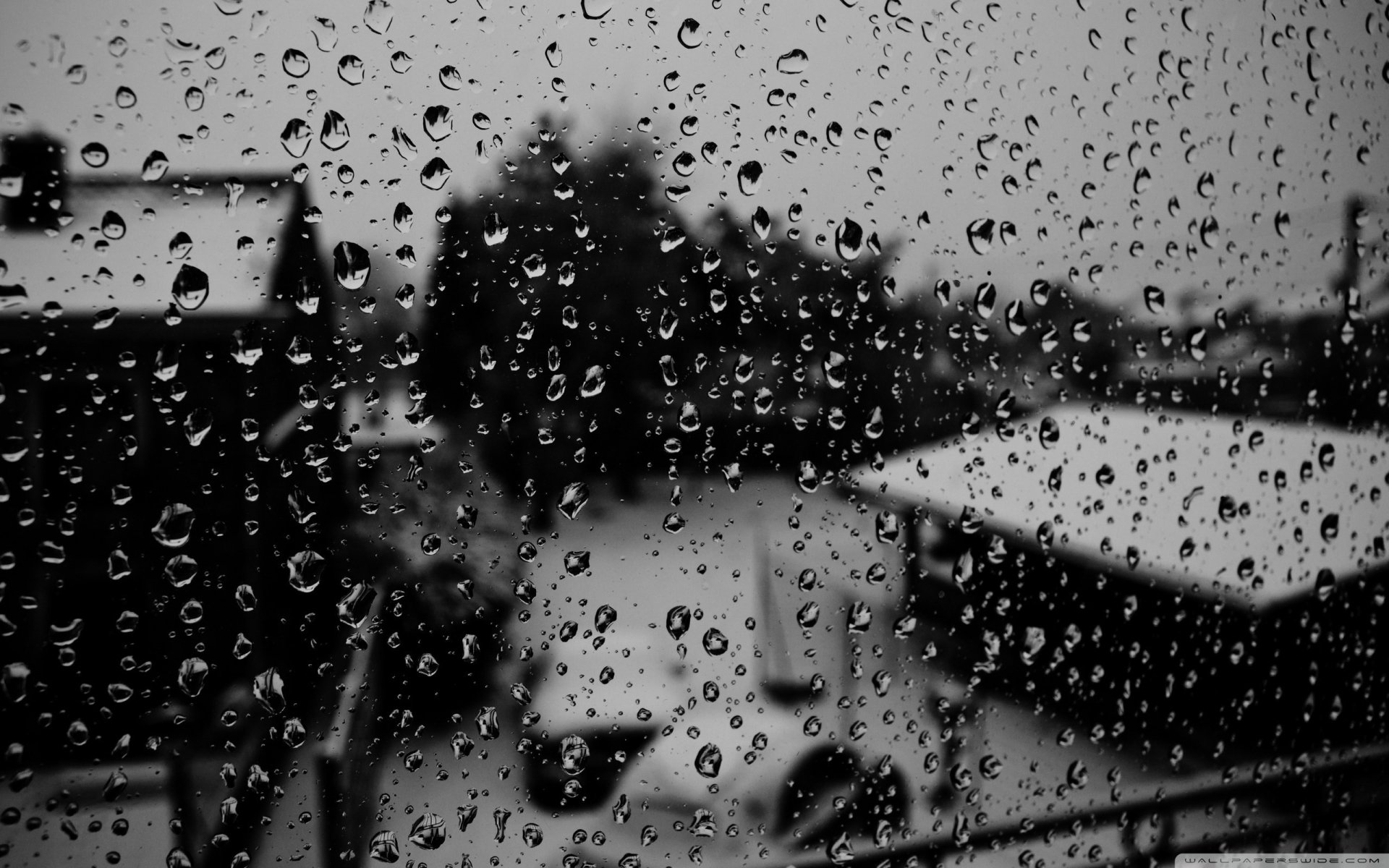 A close-up view of raindrops on a window, blurring the snowy landscape and rooftops outside, creating a moody and atmospheric scene in monochrome photography.