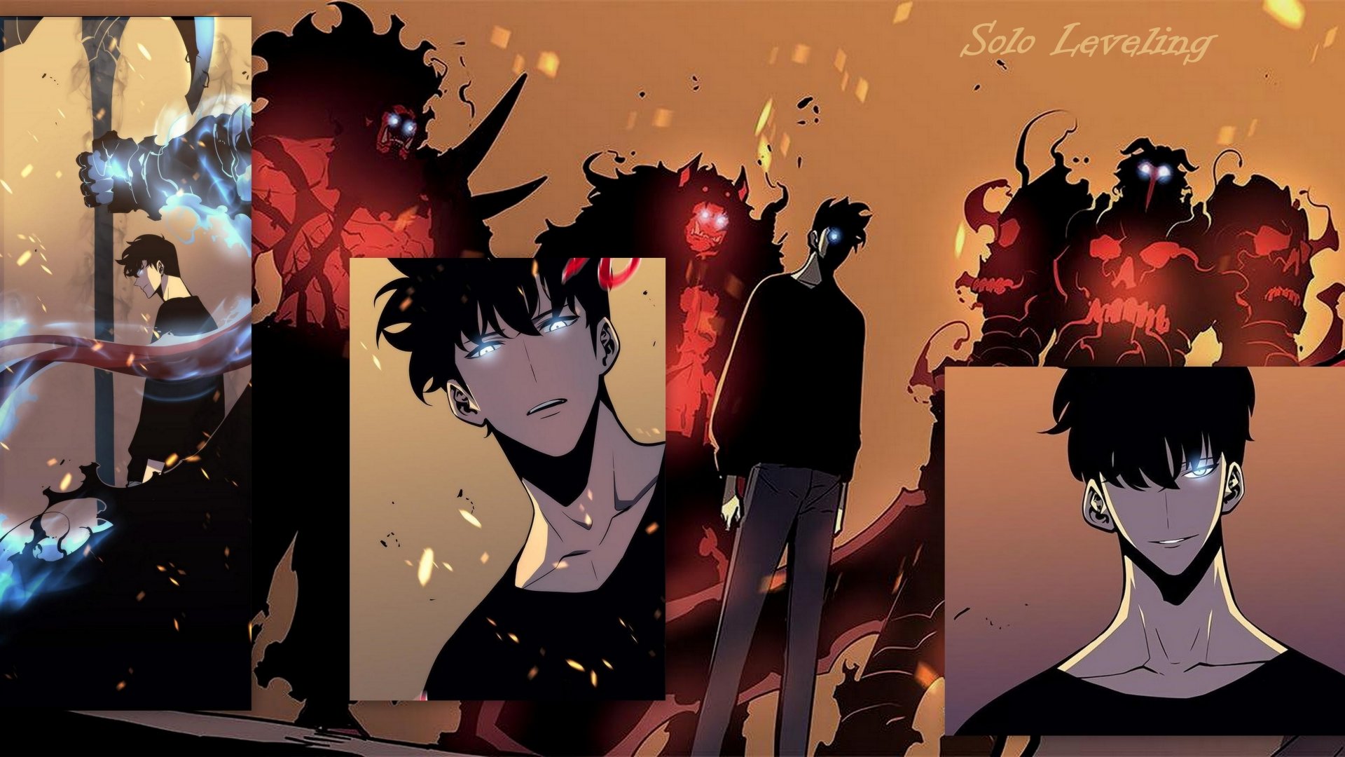 Anime-style illustration from Solo Leveling featuring a dark-haired male character surrounded by shadowy, fiery creatures in a dramatic, intense scene.