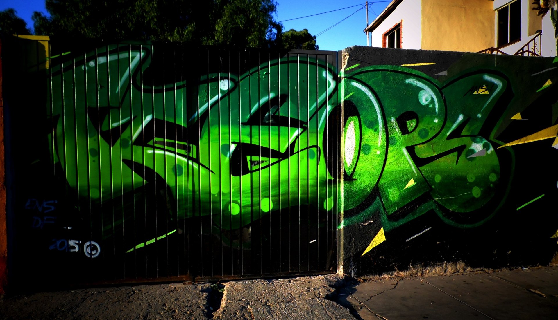 Vibrant green graffiti art decorates a fence, showcasing bold, dynamic lettering that captures attention in an urban setting.