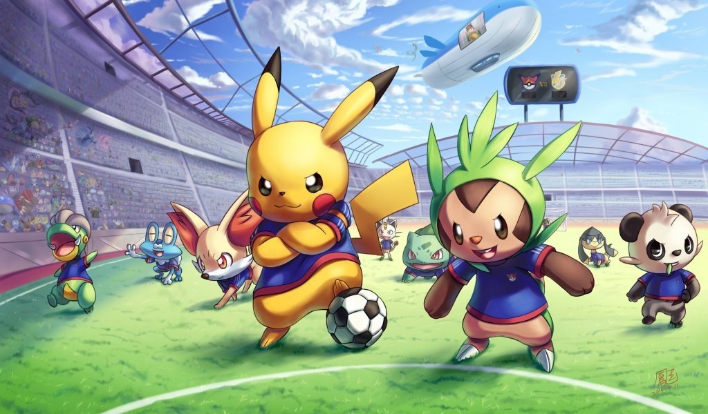 Anime-style Pokémon soccer match in a stadium: Pikachu and Bulbasaur run with a soccer ball as other Pokémon play and cheer.