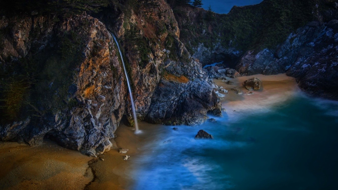 A stunning view of McWay Falls cascading down rocky cliffs into a serene ocean cove, surrounded by a picturesque beach and rugged coastline under a twilight sky.