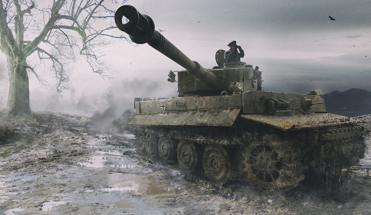 Military tank advancing through a muddy, desolate landscape with a bare tree and overcast sky; a crewman is visible on the turret.