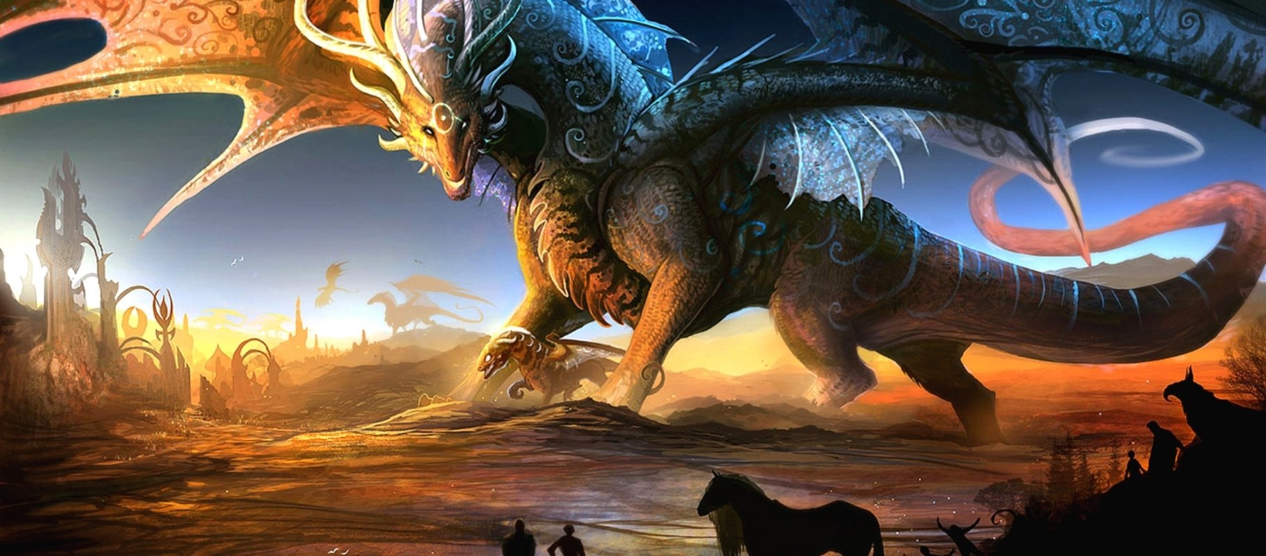 A majestic dragon towers over a desolate landscape, its intricate patterns glowing against a vibrant sunset, evoking a sense of fantasy and adventure. Silhouettes of horses stand nearby.