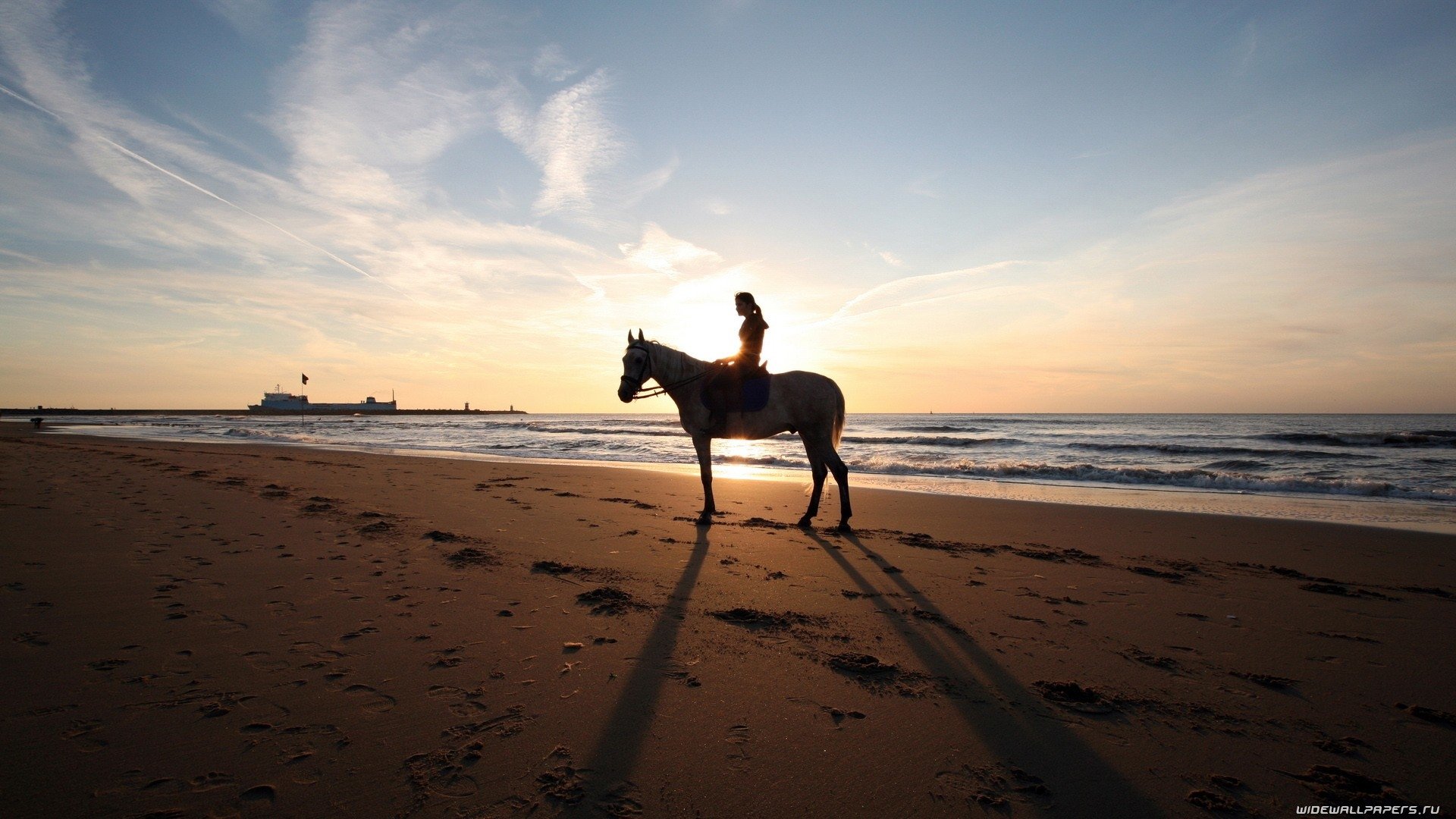 Photography of a person riding a horse on a beach at sunset, casting long shadows on the sand under a colorful sky.