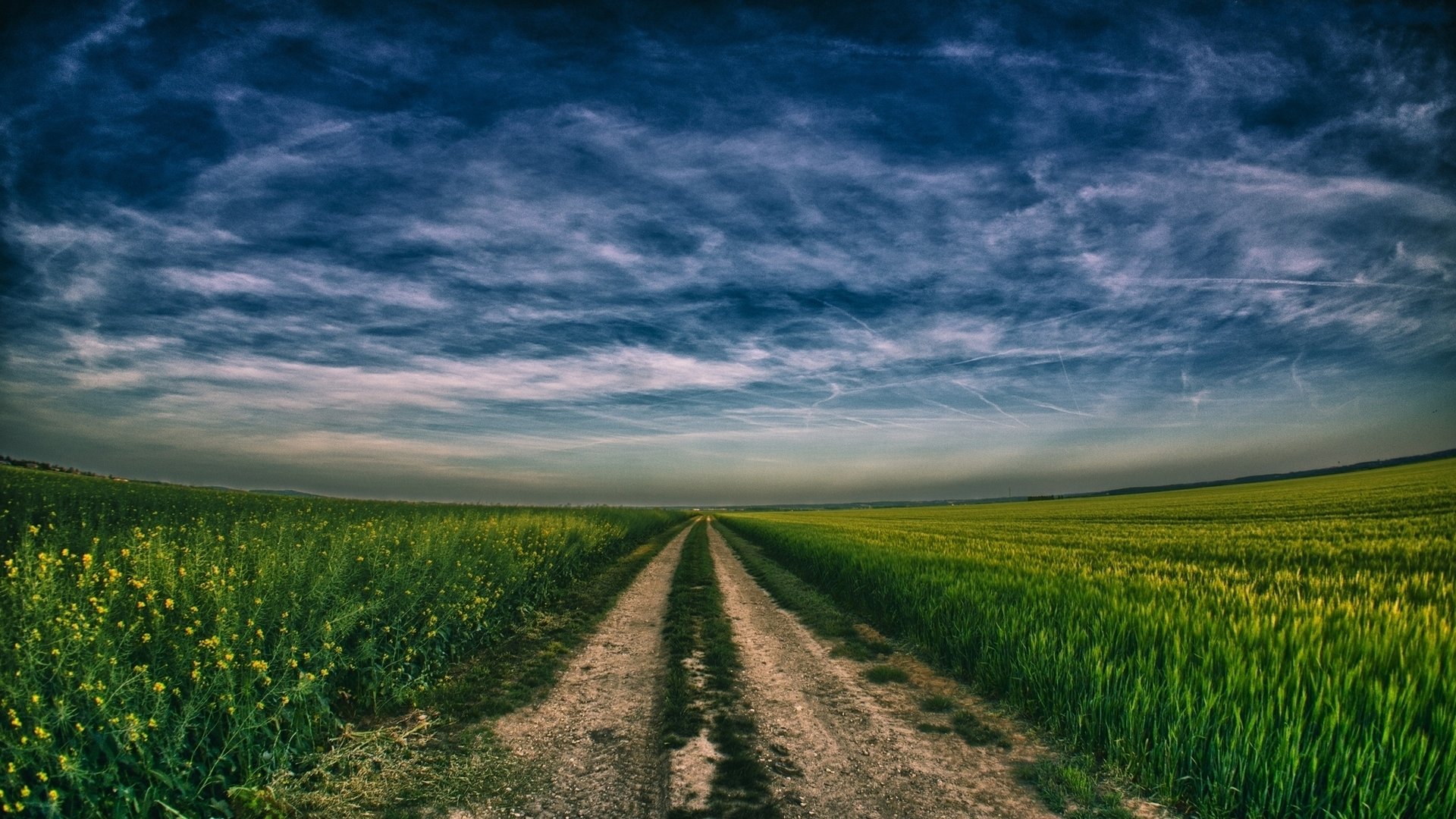 A wide dirt path stretches through lush green fields under a dramatic sky, showcasing the harmony of man-made roads and natural landscapes.