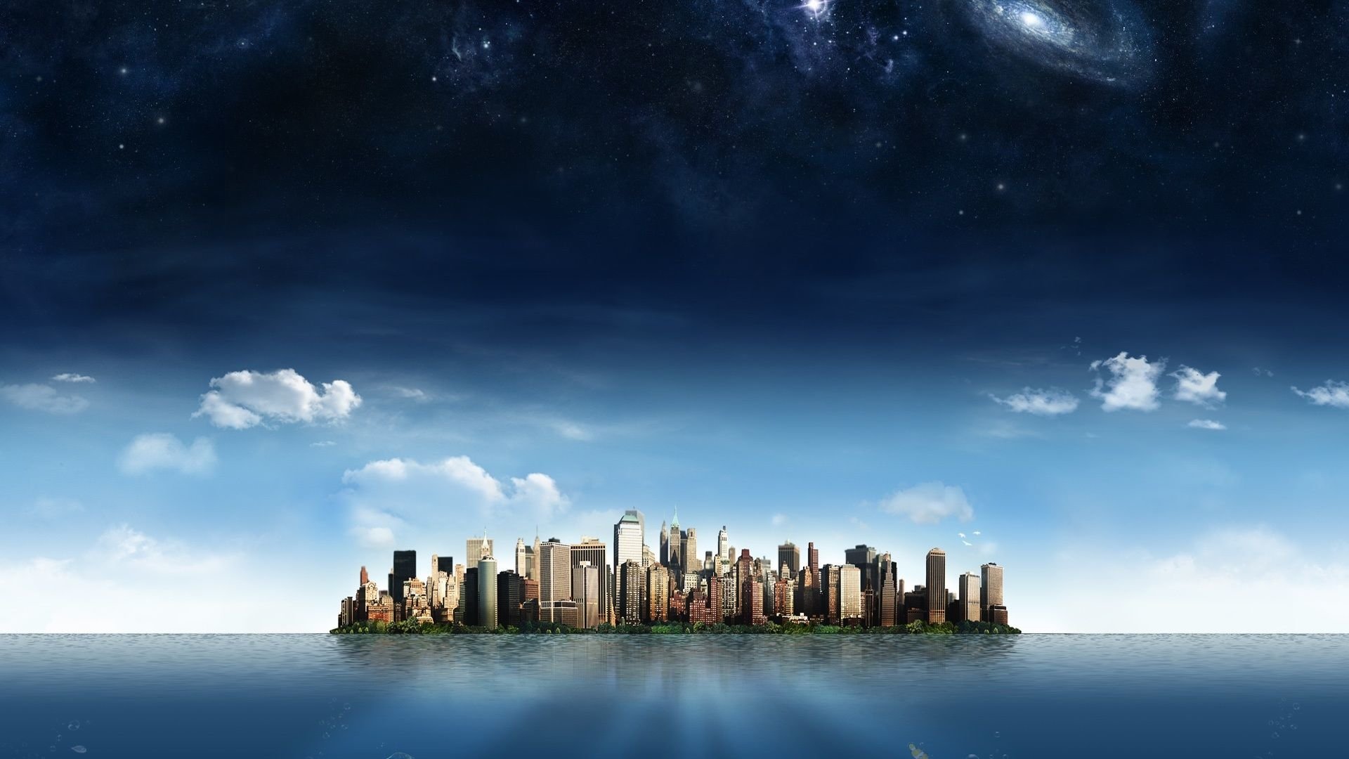 Artistic city skyline on a small island rising from calm water beneath a dramatic star-filled sky and wispy clouds.