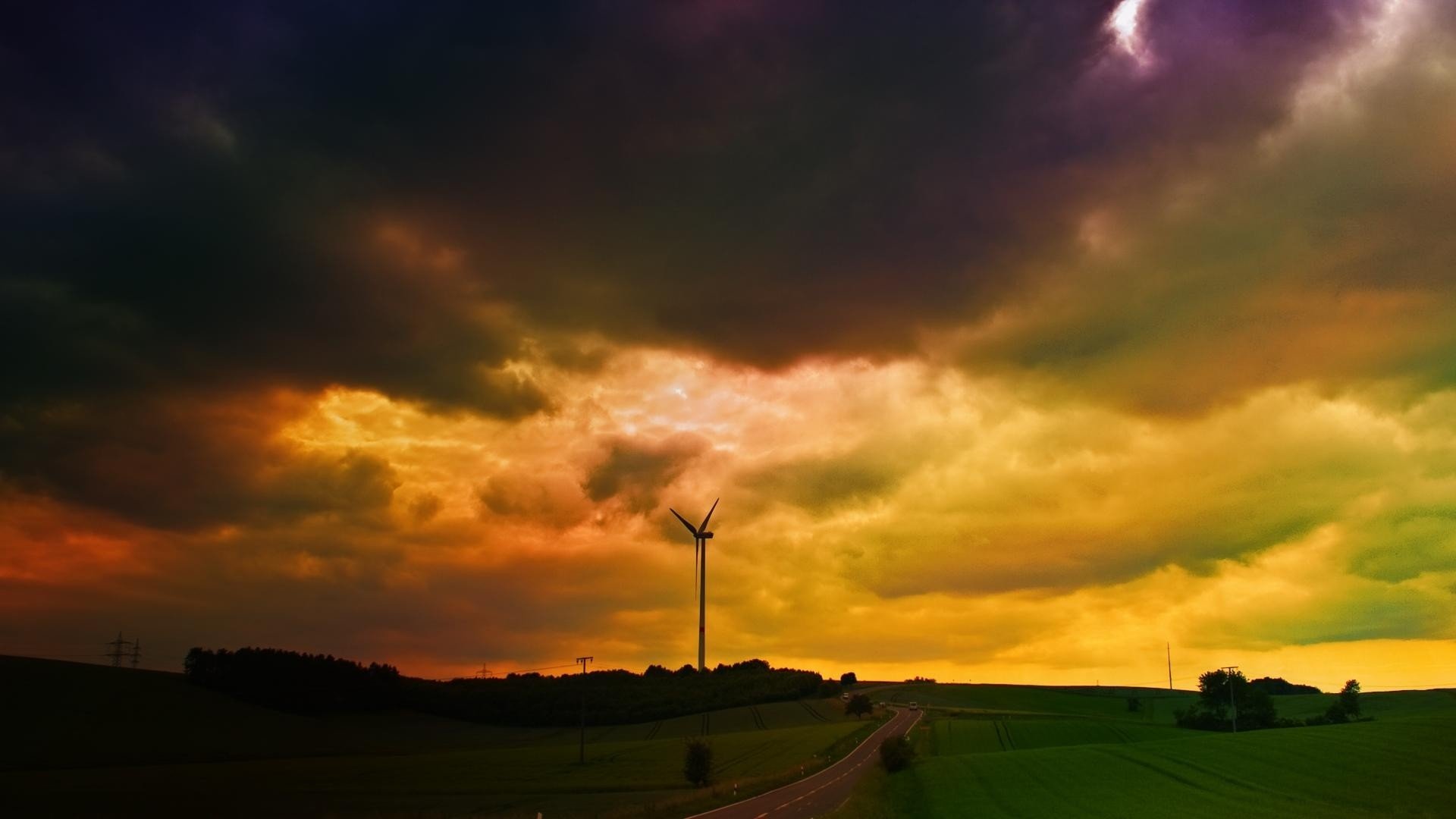Download Field Wind Turbine Road Cloud Photography Landscape Image