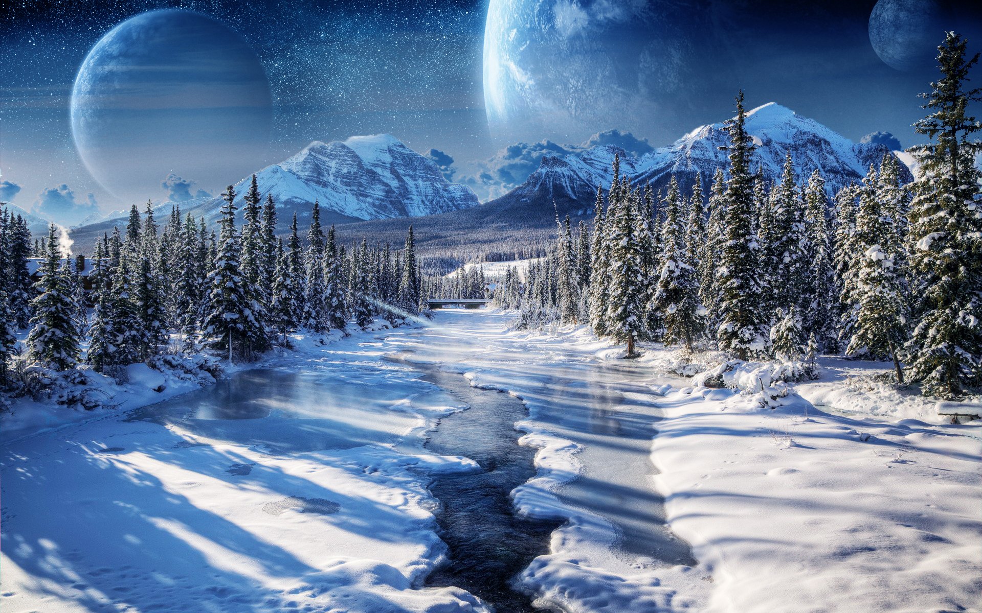 A fantastical winter landscape with snow-covered trees and mountains under a night sky featuring two large planets.