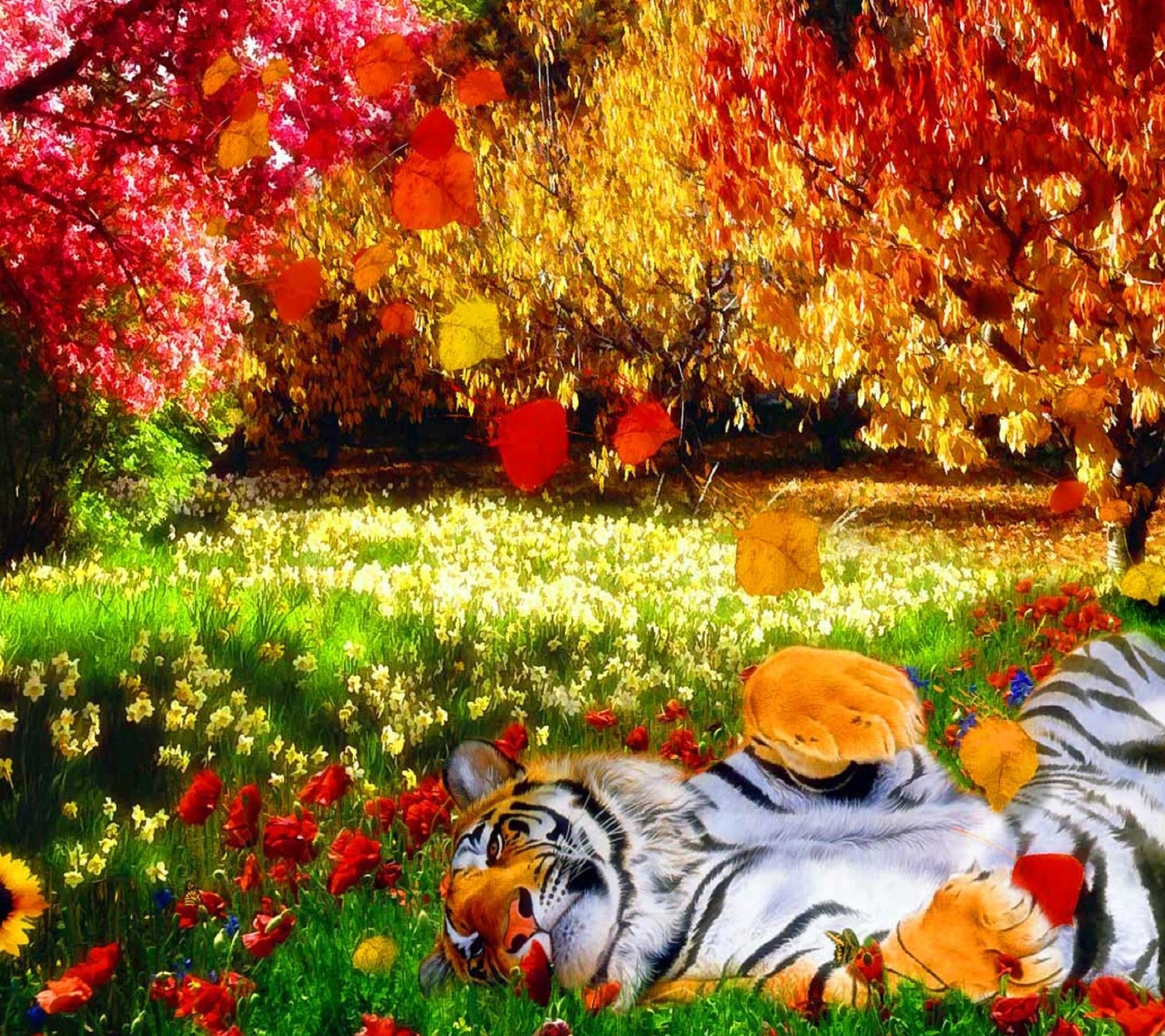 An animal tiger lounges amid vibrant autumn leaves and wildflowers, orange and red foliage falling around it.