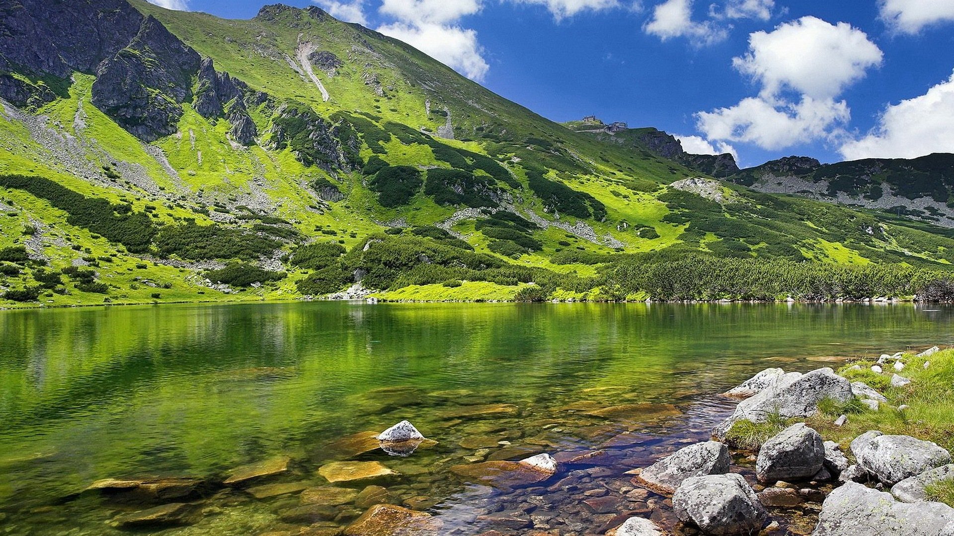A tranquil river reflects lush green mountains under a bright blue sky, with clear waters and scattered rocks enhancing the serene natural landscape.