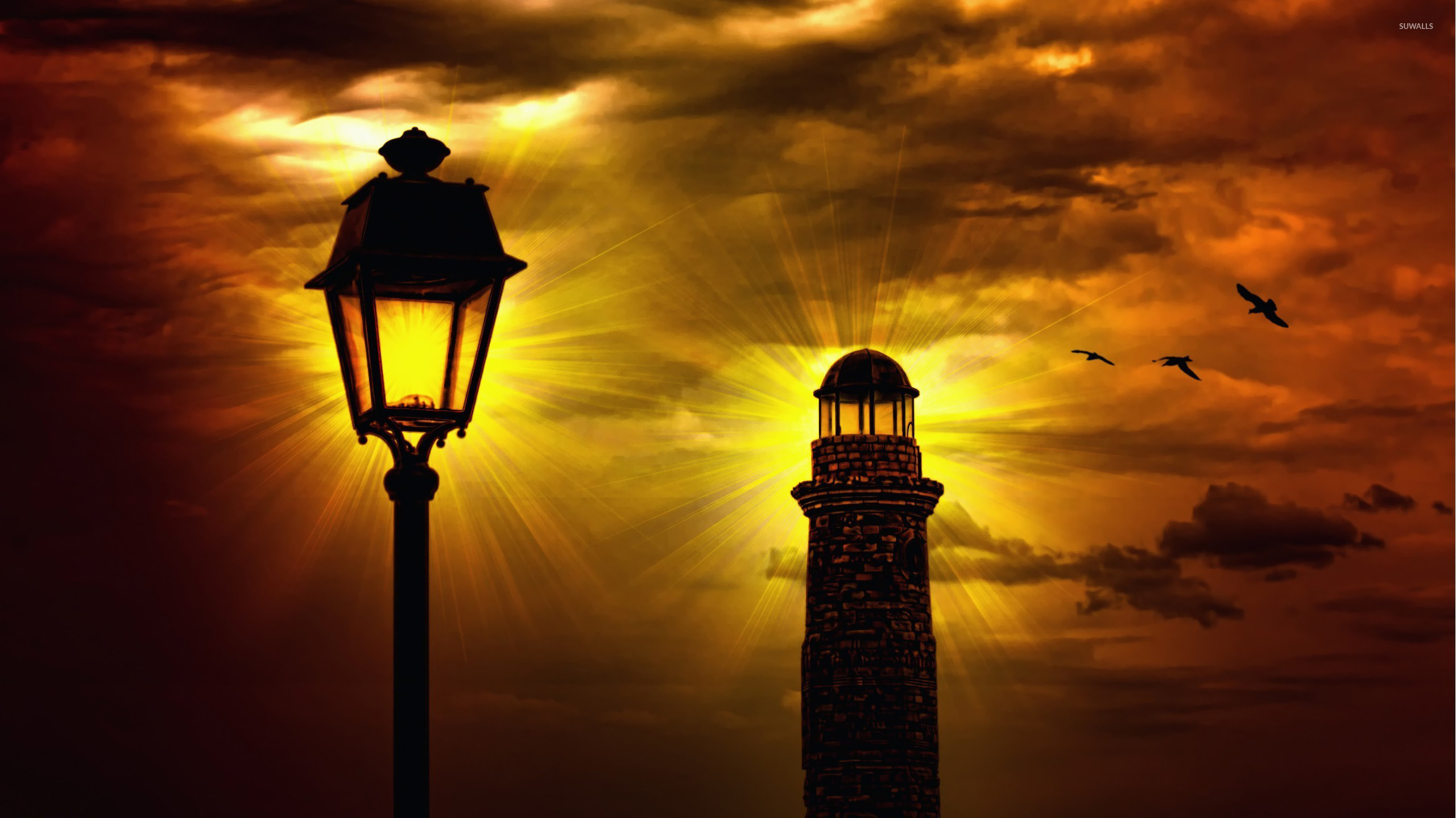 Lighthouse and Street Lamp in Sunset Image - ID: 294136 - Image Abyss