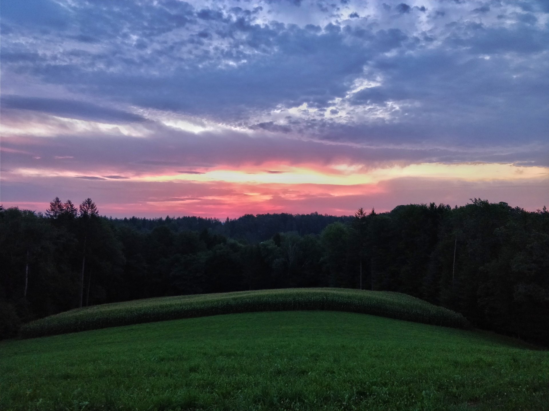 A serene landscape features a lush green field under a vibrant sky with soft clouds at sunset.