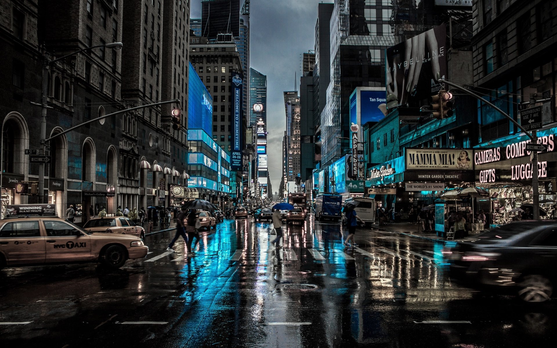 A rain-soaked New York City street at night, illuminated by neon signs and reflecting lights from vehicles and buildings, capturing the vibrant essence of urban life.