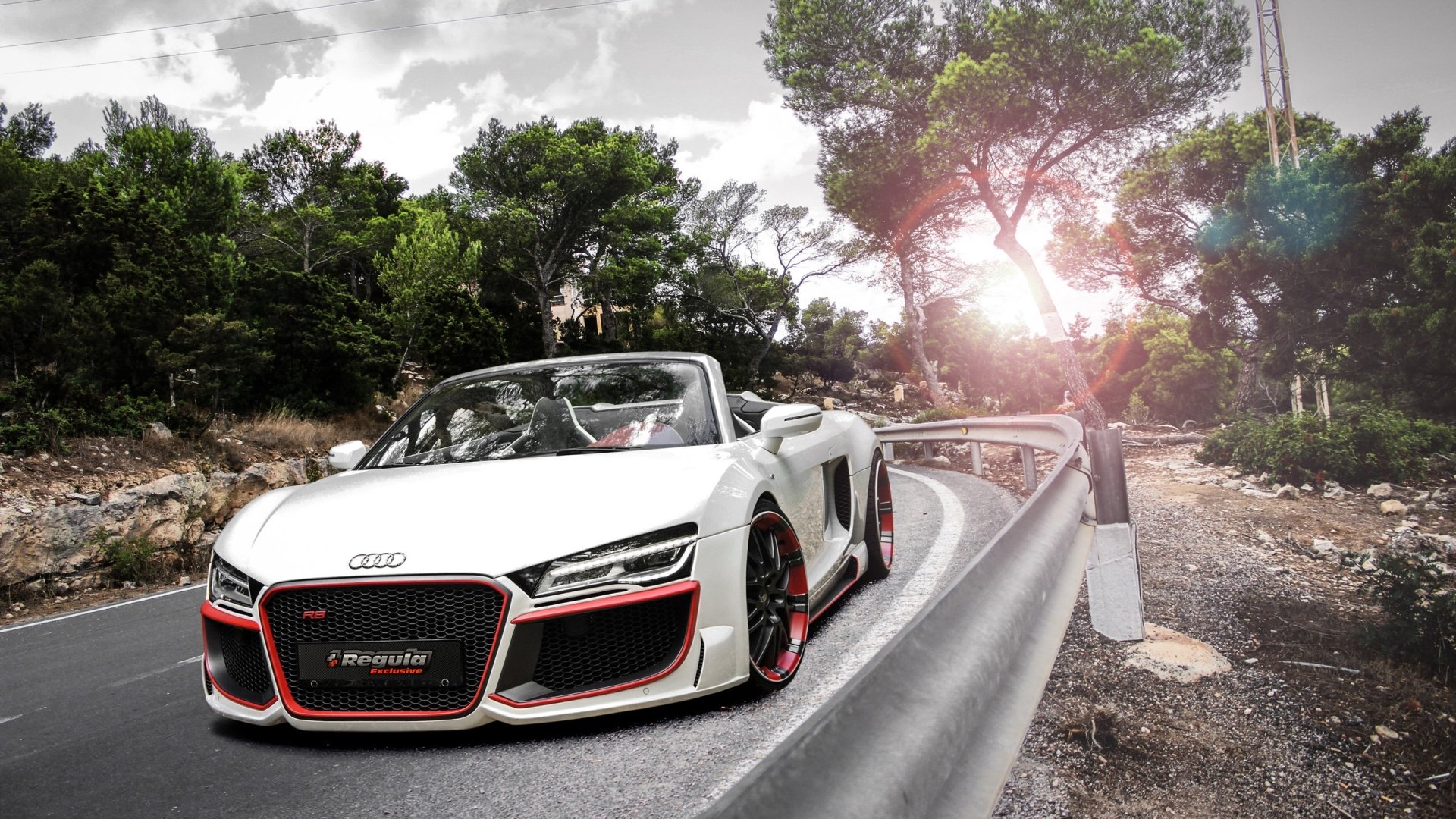A sleek Audi R8 Spyder parked on a winding road, showcasing its stunning design and vibrant white exterior, surrounded by lush greenery and golden sunlight.