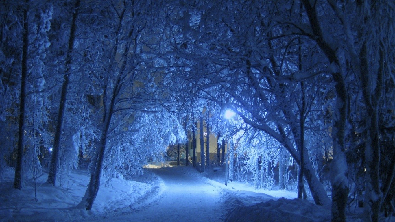A serene winter scene captures a snow-covered path illuminated by soft blue light, flanked by trees adorned with frost, creating a peaceful, enchanting atmosphere.