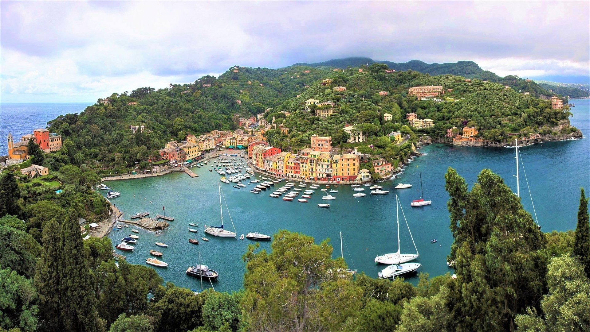 Download Boat Island Forest Village House Water Italy Man Made Portofino Image