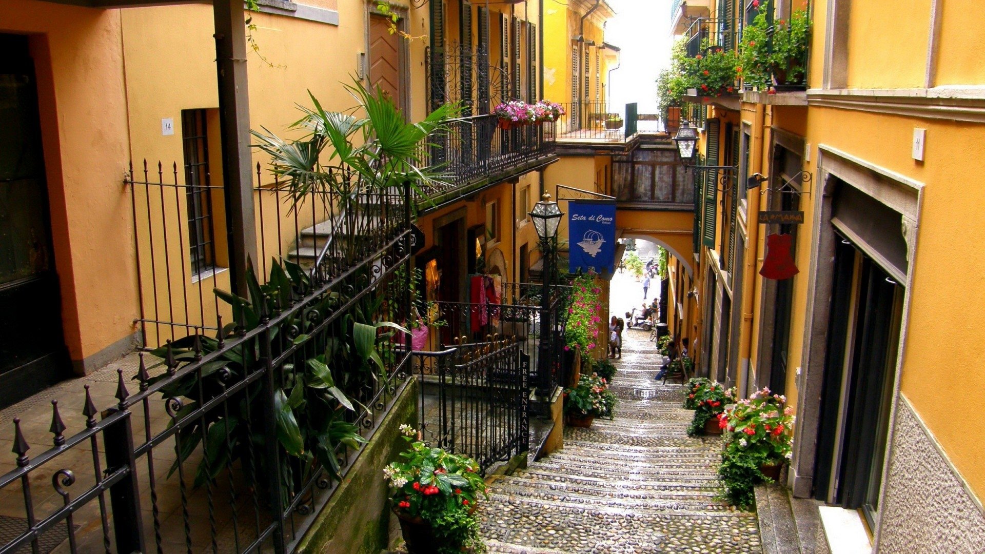 A narrow, man-made stone stairway lined with plants and flowers leads down through a charming village street flanked by warm-toned buildings and iron railings.