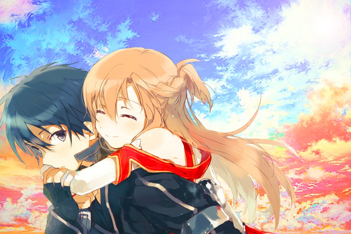 Asuna Yuuki embraces Kirito from Sword Art Online against a vibrant sky, capturing a heartfelt moment between the iconic anime characters.
