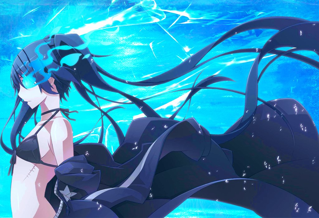 Anime-style image of Black Rock Shooter with flowing black hair and blue flames, set against a vibrant underwater blue background.