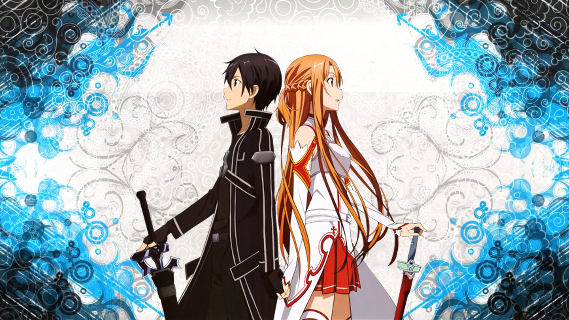 Asuna Yuuki and Kirito from Sword Art Online stand back to back, each holding a sword, framed by intricate blue and black designs.