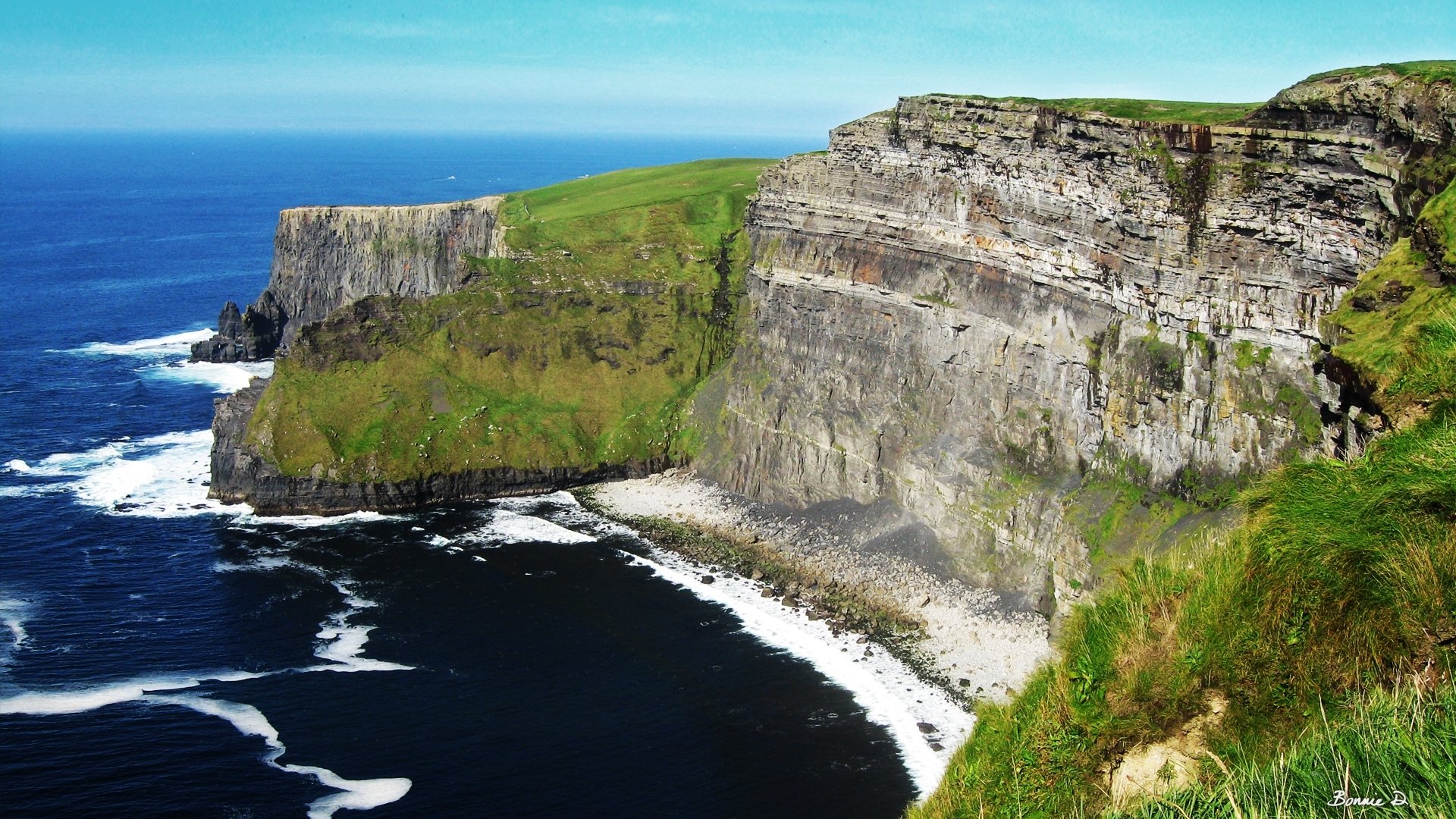 A stunning view of the Cliffs of Moher rising above the dark ocean waters, with lush green grass atop the rugged cliffs under a clear blue sky.