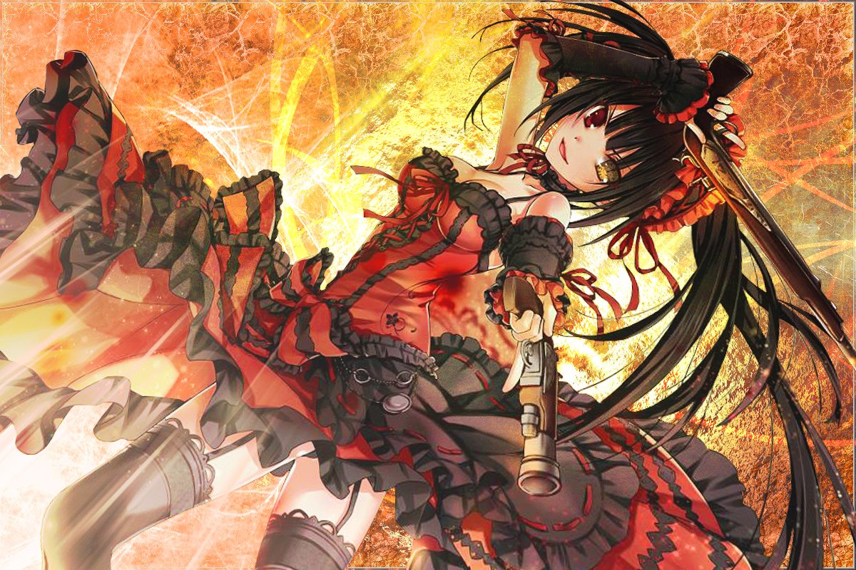 Kurumi Tokisaki from the anime Date A Live in a gothic red-and-black dress, striking a dynamic pose against a fiery, clockwork background.