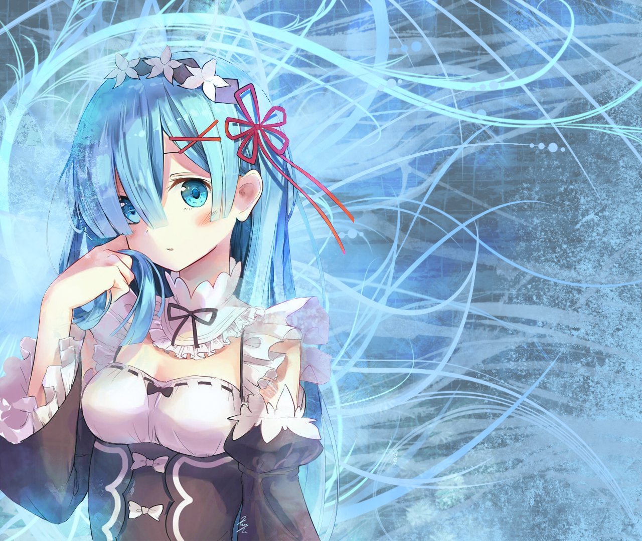 Anime character Rem from *Re:ZERO - Starting Life in Another World* poses thoughtfully, with long blue hair and a delicate outfit, set against a swirly blue background.