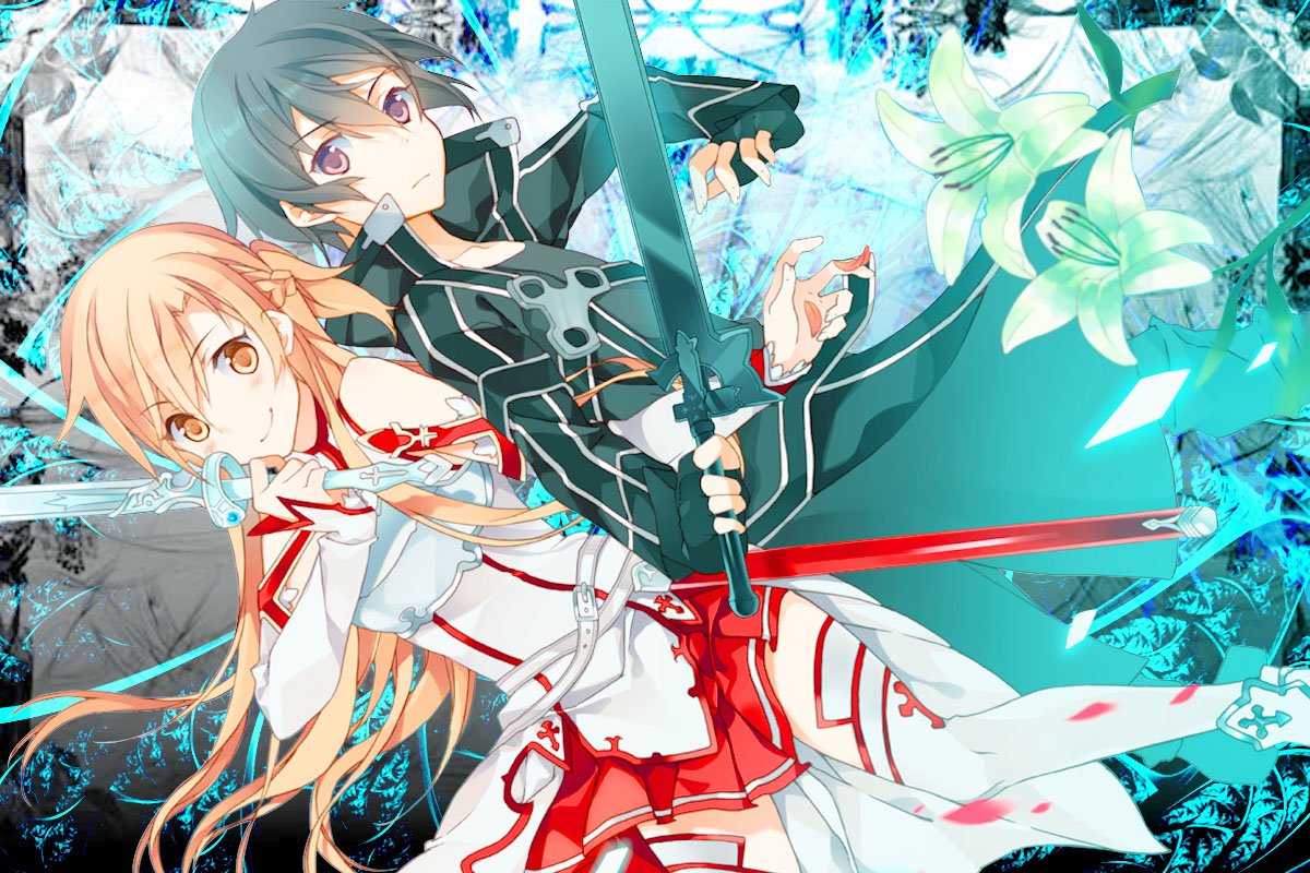 Asuna Yuuki and Kirito from Sword Art Online are depicted together, surrounded by glowing lilies and shards of ice in this vibrant anime-style artwork.