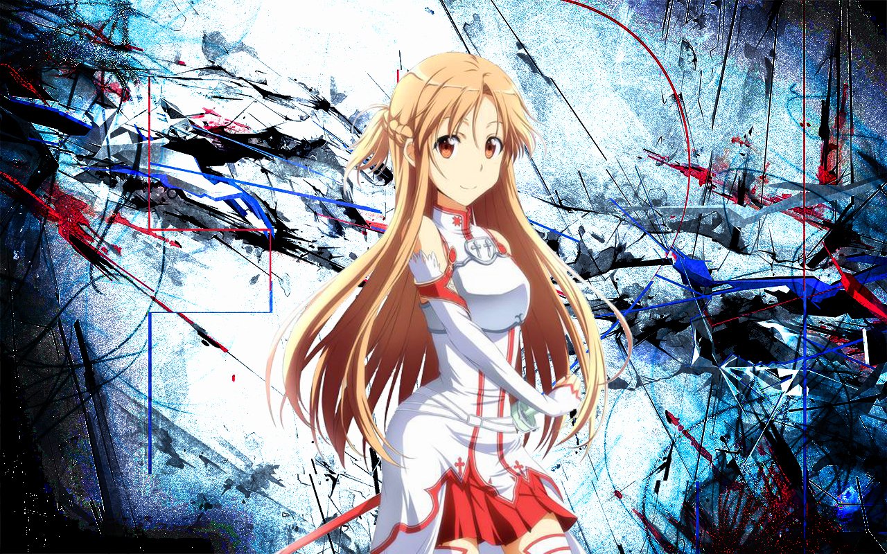 Asuna Yuuki from the anime Sword Art Online stands against a dynamic, abstract blue and white background with red accents.