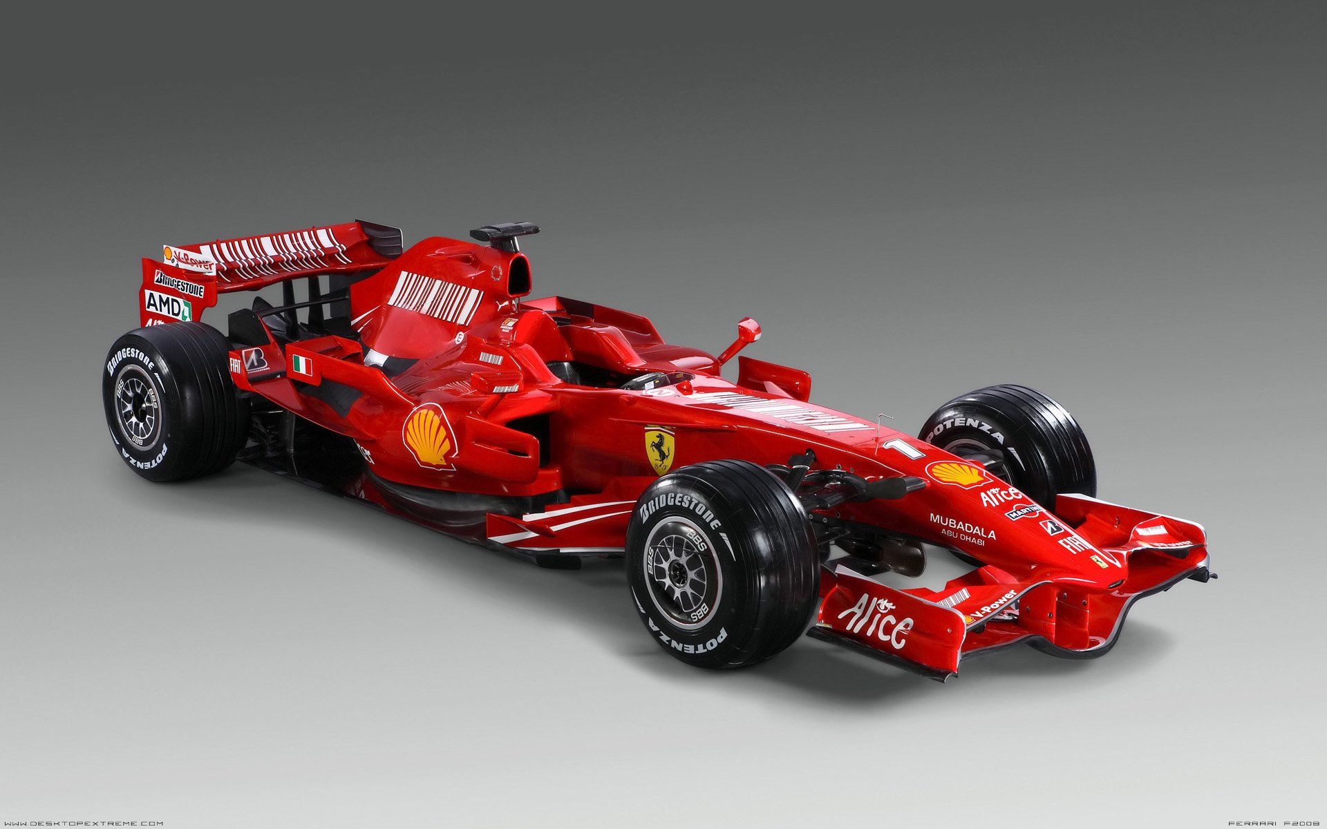 Red Ferrari F2008 Formula 1 race vehicle, three-quarter front view on a neutral gray background.