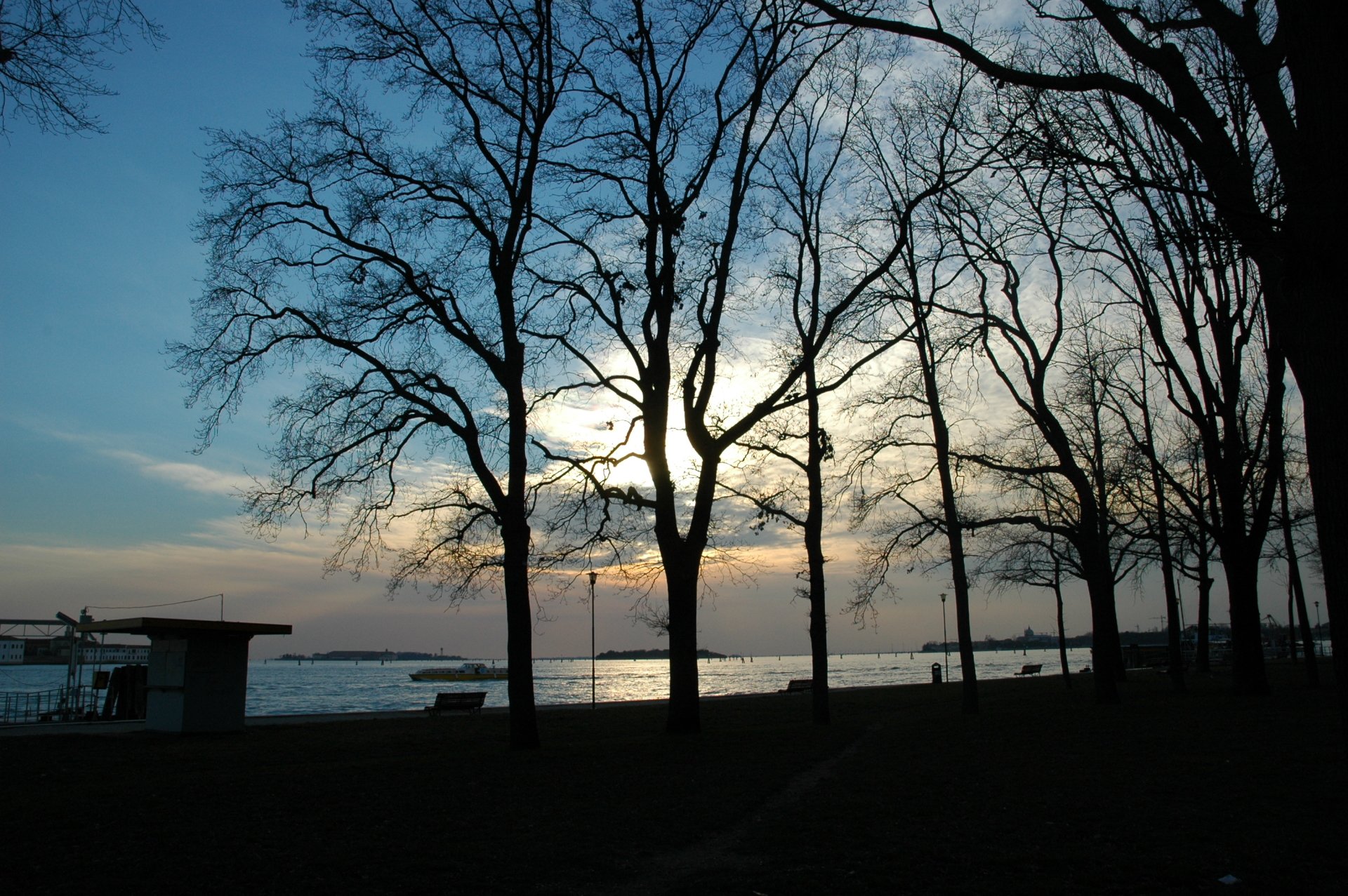 Photography capturing a serene landscape of a lakeside at sunset, with bare trees silhouetted against the colorful sky and calm water.