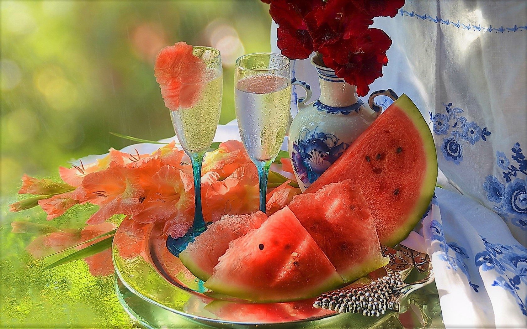 plate tablecloth glass flower pitcher photography still life Image