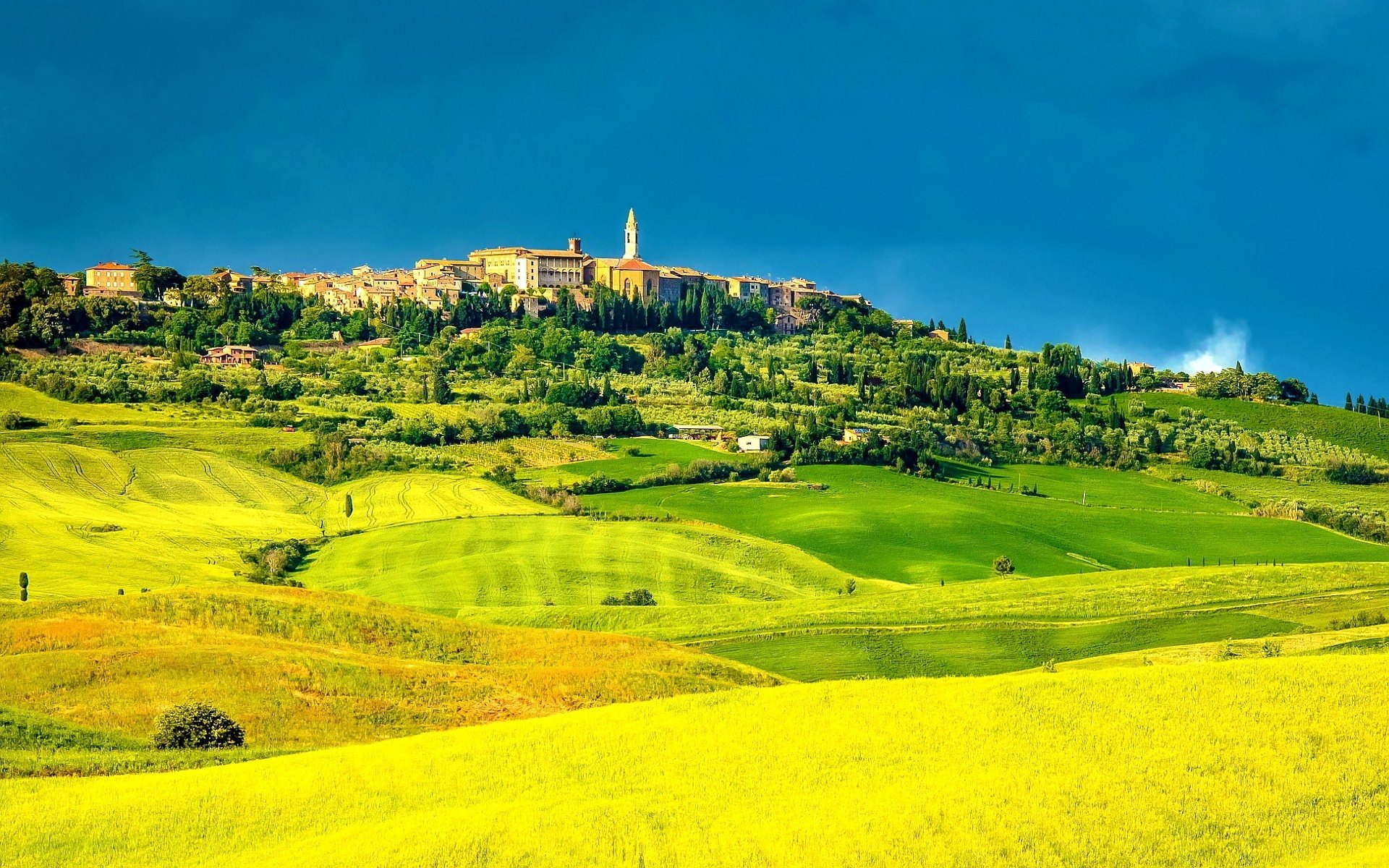 Sunlit rolling green and yellow fields lead up to the man-made historic town of Pienza atop a hill under a bright blue sky.