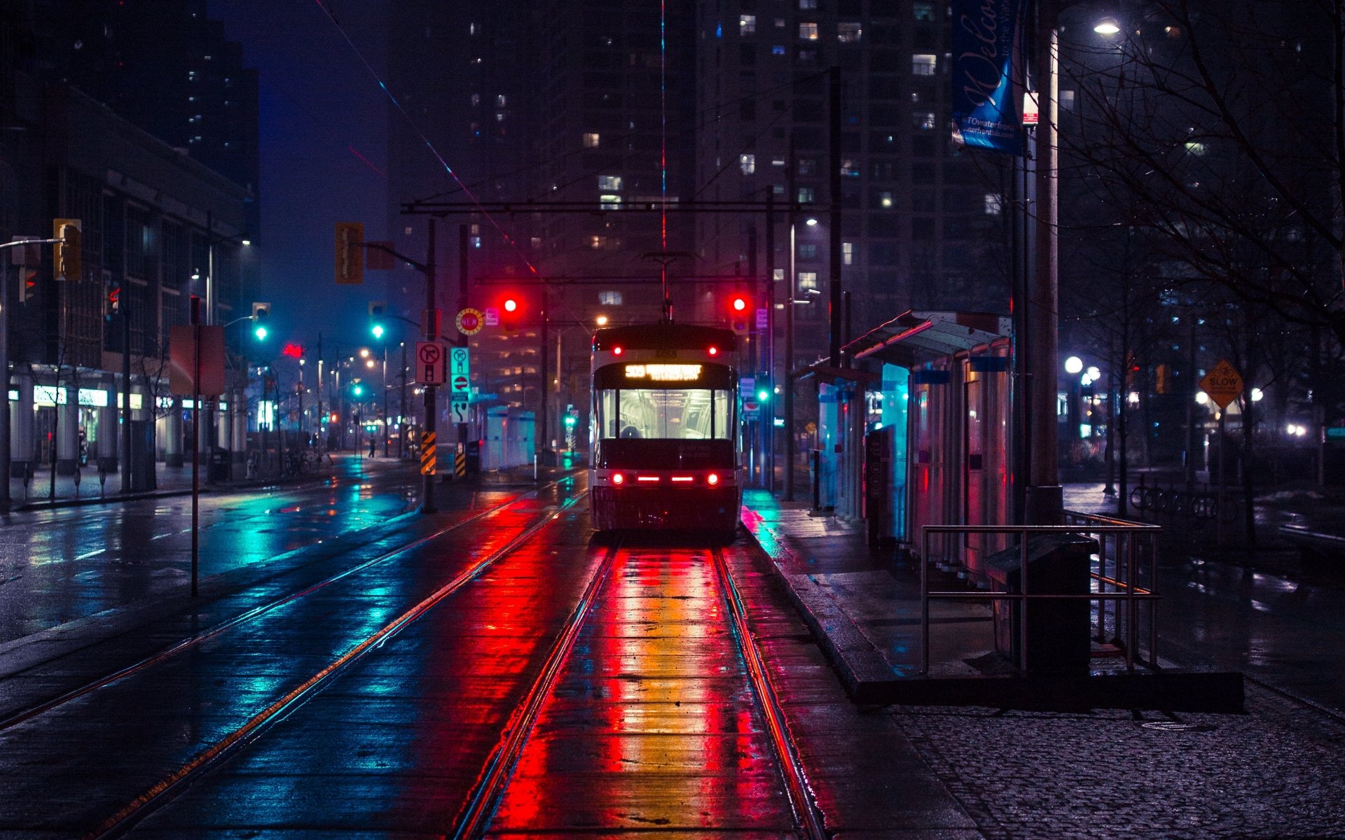 night city light vehicle tram Image