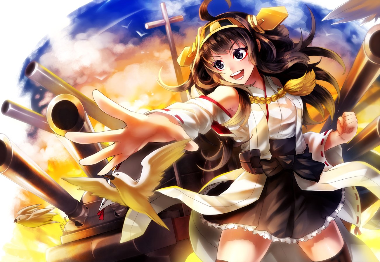 Anime-style illustration of a joyful Kantai Collection character with ship-mounted cannons reaching out against a vibrant sky backdrop.