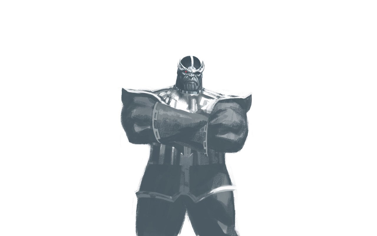 A monochromatic comic depiction of Thanos, showing him with crossed arms and a confident stance, emphasizing his imposing presence and strong character design.