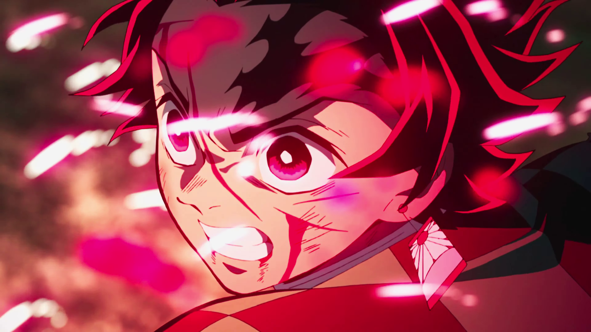 Anime — Demon Slayer: Kimetsu no Yaiba: Tanjiro with a fierce, battle-scarred expression, hanafuda earring visible, glowing pink flame-like streaks swirling around him.