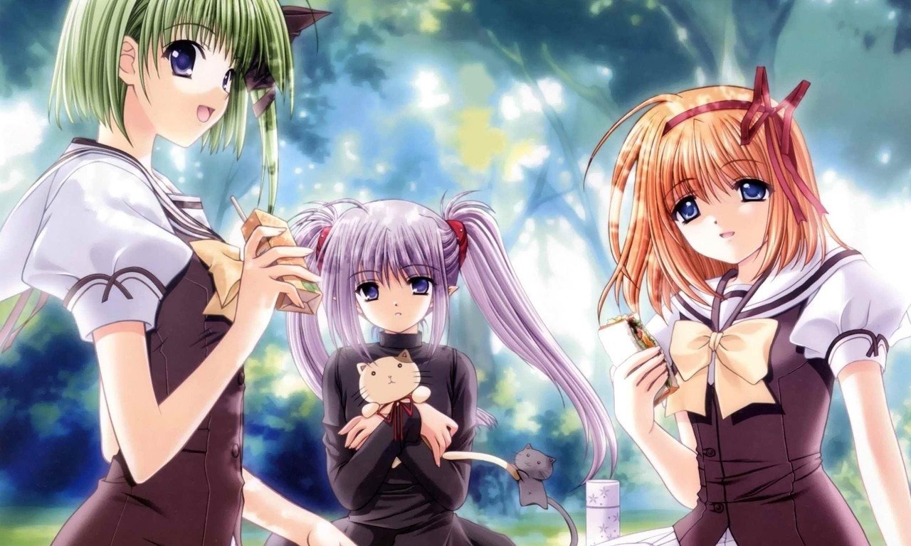 Asa Shigure, Lisianthus and Kaede Fuyou from Shuffle! stand in school uniforms in a sun-dappled forest clearing; Lisianthus holds a small stuffed toy.