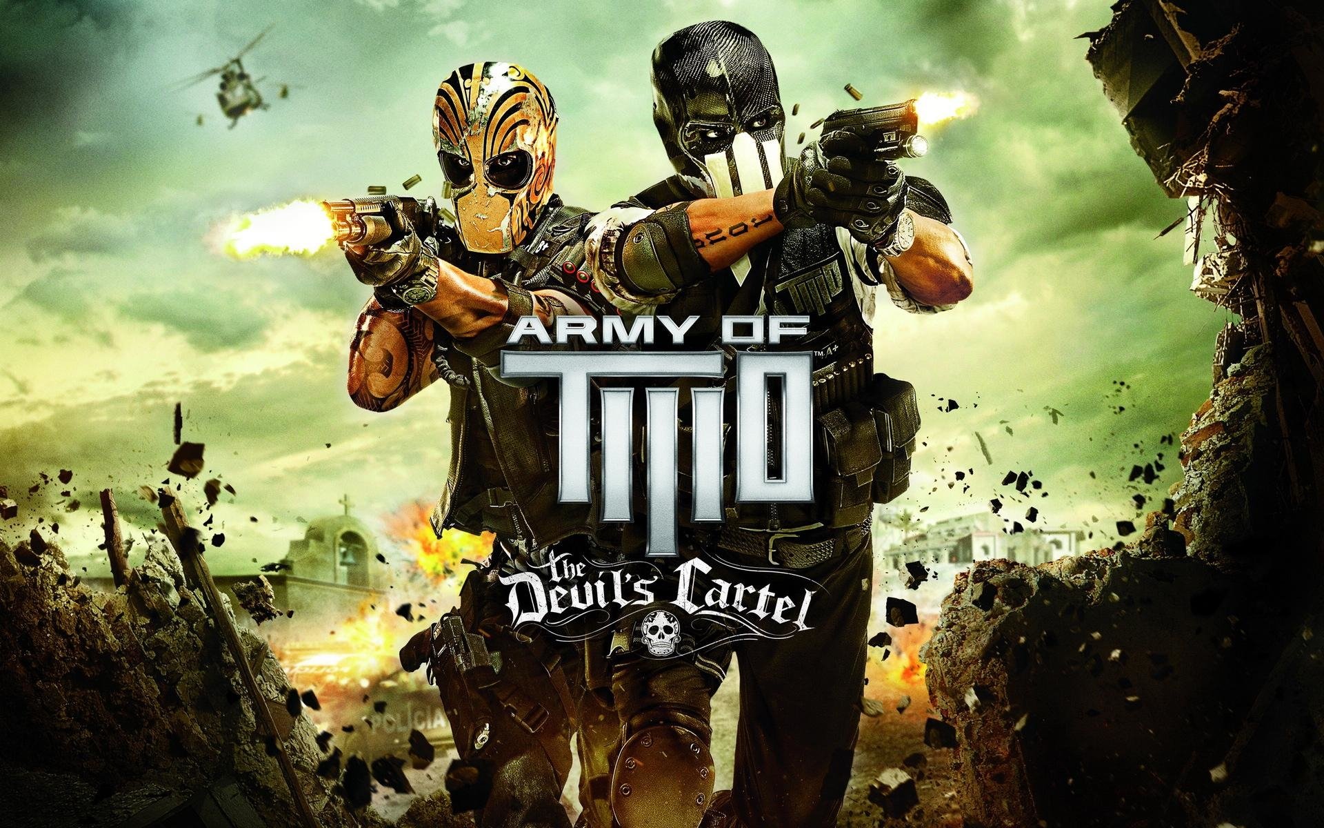 Two masked characters wield weapons, ready for action against a dramatic backdrop. The image showcases Army of Two: The Devil's Cartel, a thrilling video game experience.