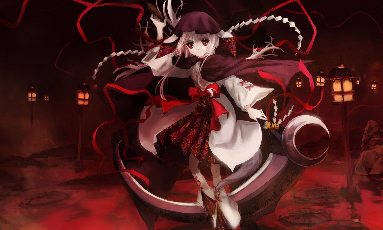 Nemuru Kushinada from Ōkami Kakushi — anime portrait of her in white-and-red attire with braided hair, floating amid swirling red ribbons, lanterns and eerie fog.