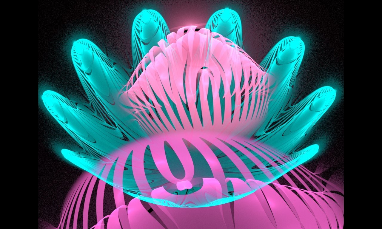 Abstract fractal of glowing pink and teal layered petal-like rings forming a symmetrical blossom against a dark background.