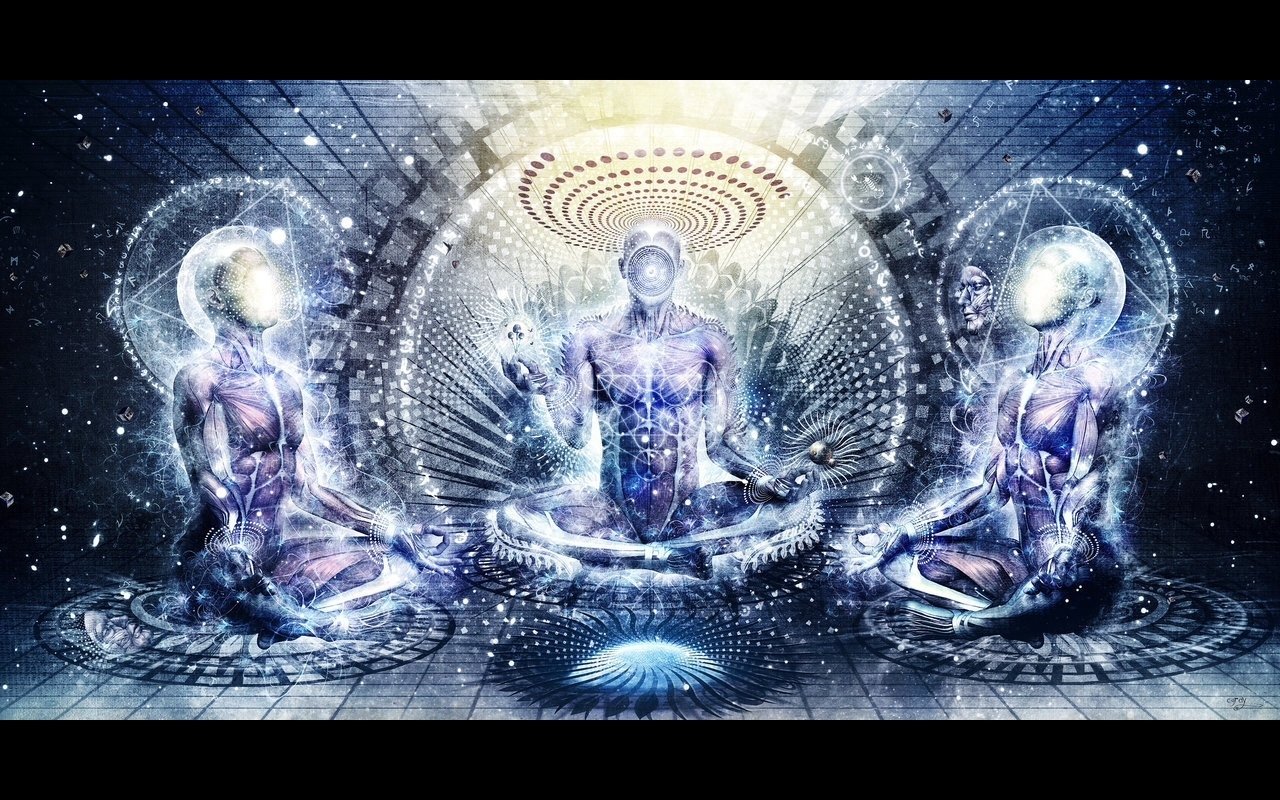 Three ethereal figures meditate in a cosmic setting, surrounded by swirling patterns and glowing energies, blending elements of sci-fi and artistic expression.