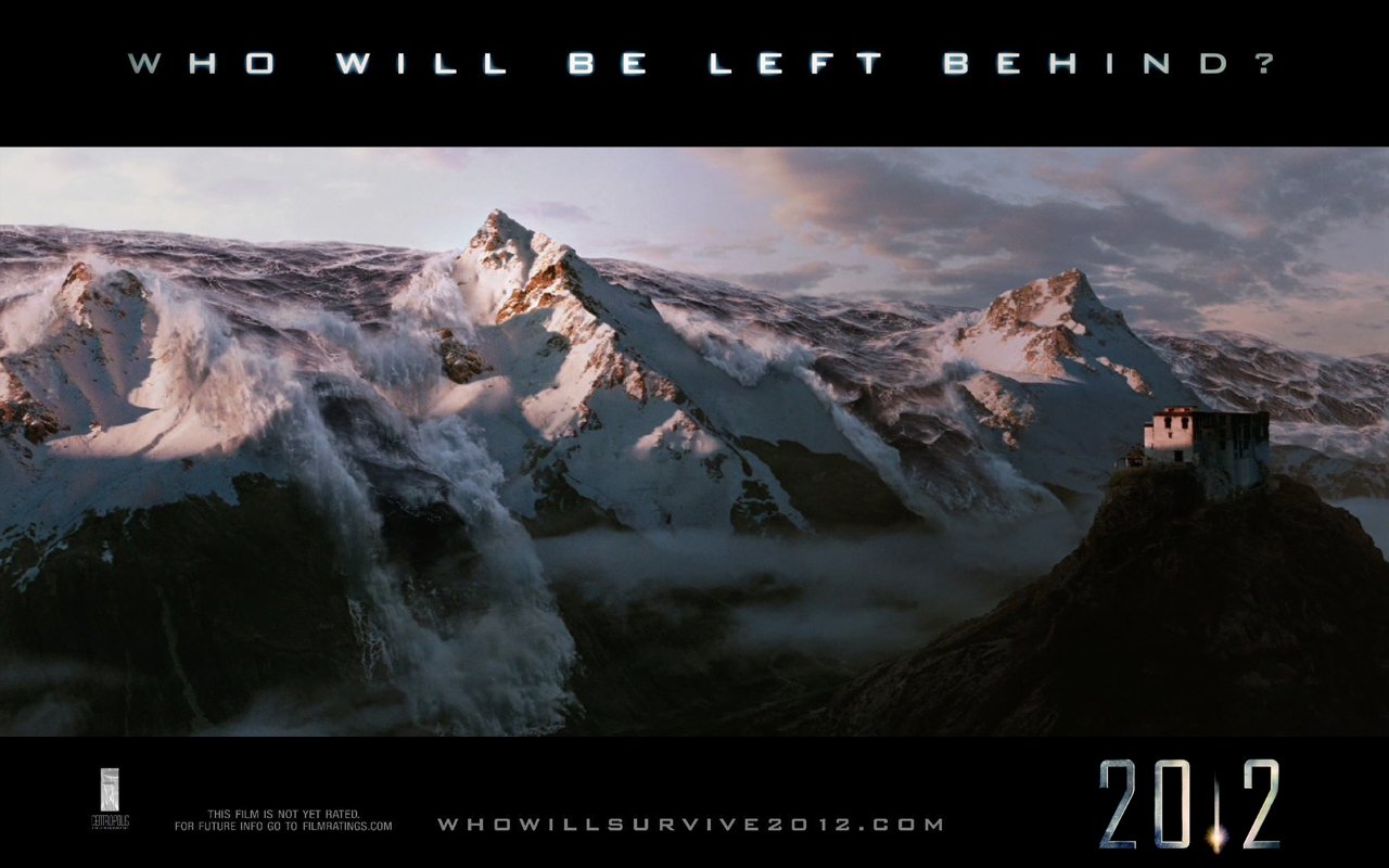 Snow-covered mountains with a castle on a peak under a stormy sky, from the 2012 movie poster featuring the tagline Who will be left behind?
