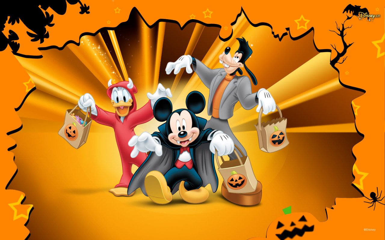 Mickey Mouse, Donald Duck, and Goofy celebrate Halloween, dressed in festive costumes and holding treat bags, against an orange backdrop filled with fun and excitement. A Disney classic!
