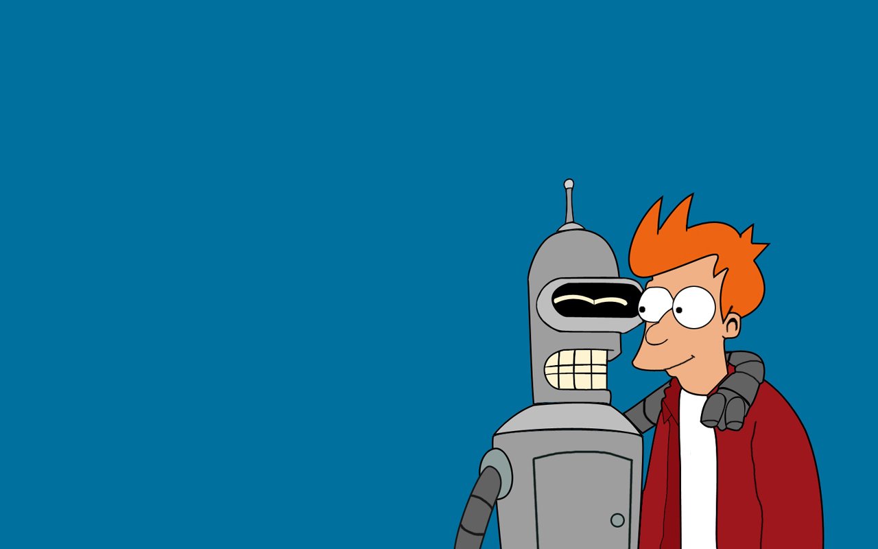 Fry and Bender, iconic characters from the TV show Futurama, stand side by side against a blue background, showcasing their close friendship.