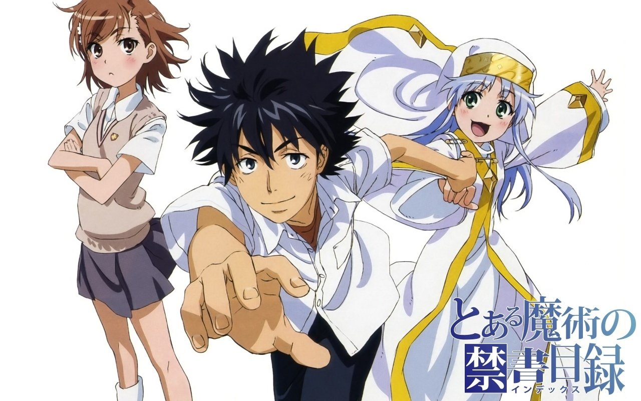 Anime characters from A Certain Magical Index feature Kamijou Touma front and center with two other key characters in dynamic poses.
