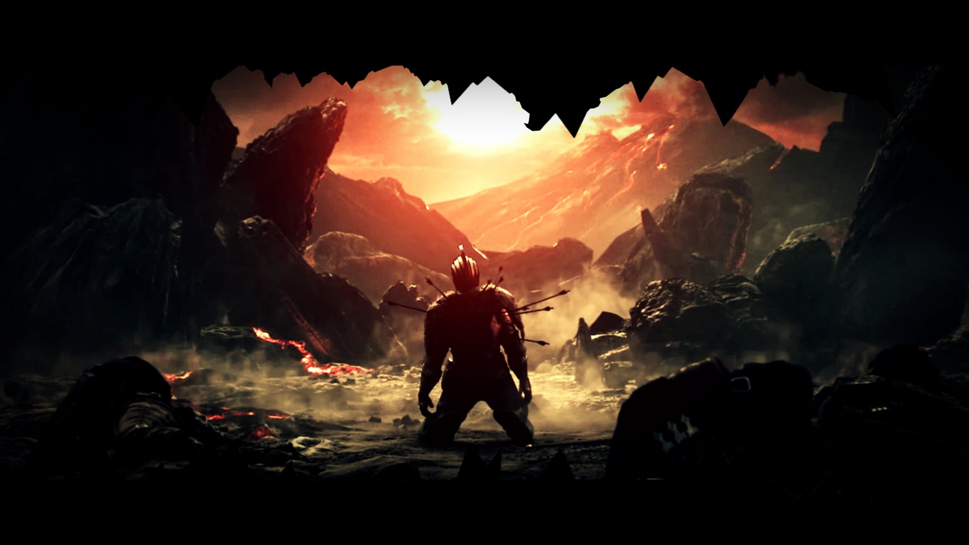 A lone warrior kneels in a dramatic landscape, framed by jagged rocks and illuminated by a fiery sunset, capturing the intense atmosphere of the video game Dark Souls II.